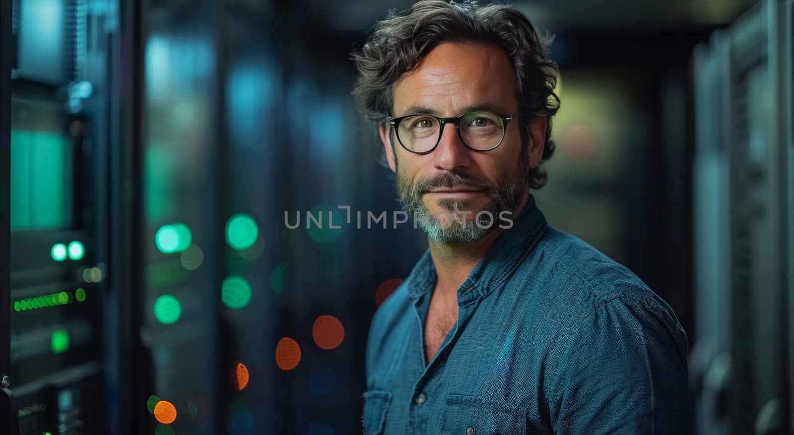 A man with glasses, dressed in professional attire, stands confidently in a server room. He gazes intently at the technology surrounding him, exuding an aura of expertise and innovation.