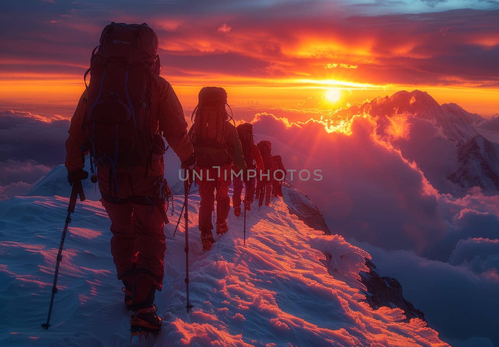 A group of hikers, silhouetted against a vibrant sunrise, ascend a snow-covered mountain peak. The sky is ablaze with fiery orange and pink hues, casting a warm glow on the majestic landscape. The climbers, equipped with backpacks and trekking poles, navigate the challenging terrain, their determination evident in their posture.