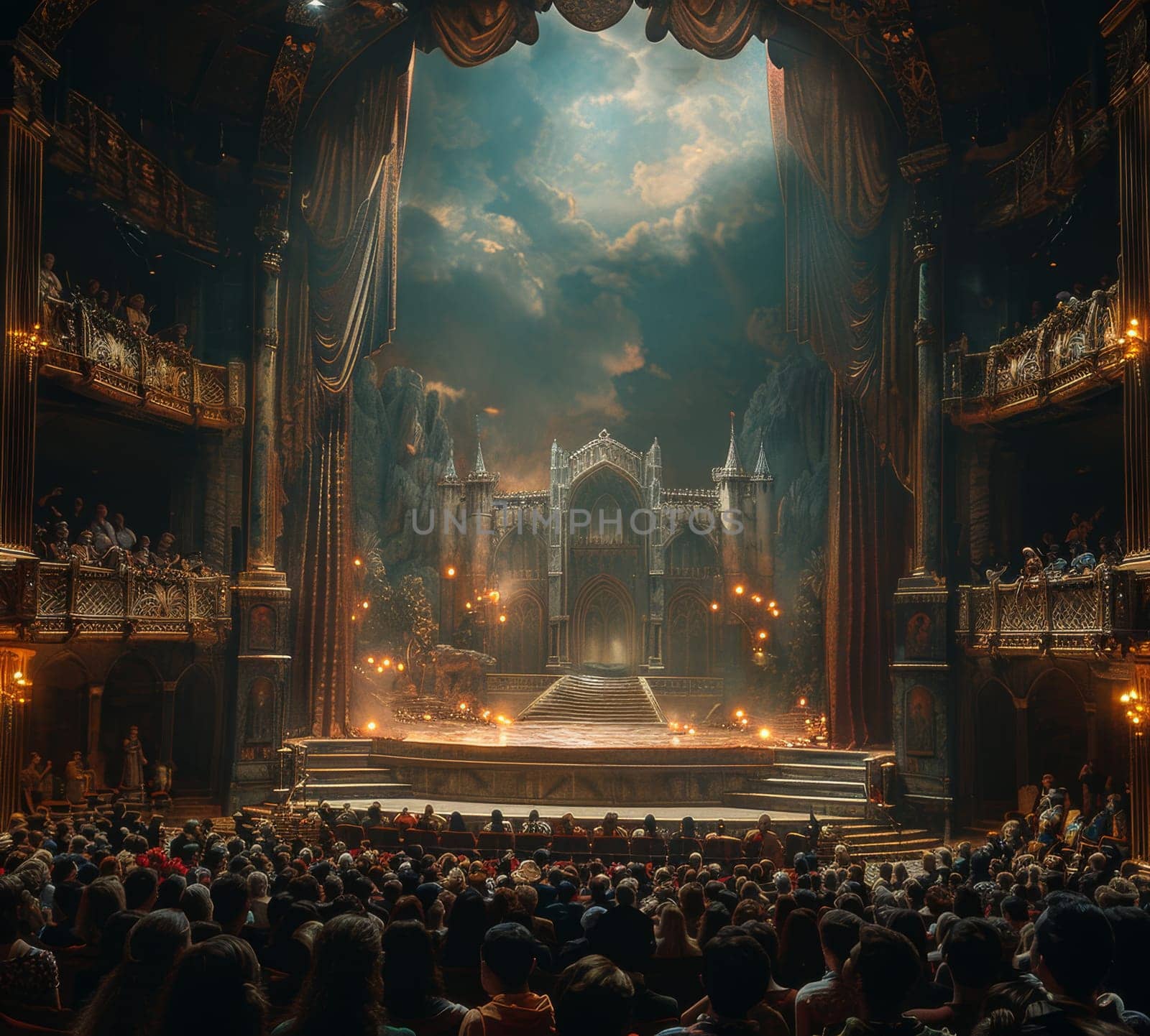 A theatrical masterpiece unfolds on stage, with a myriad of performers clad in vibrant costumes. The atmosphere buzzes with energy as actors, dancers, and musicians come together to create a breathtaking spectacle for the audience.