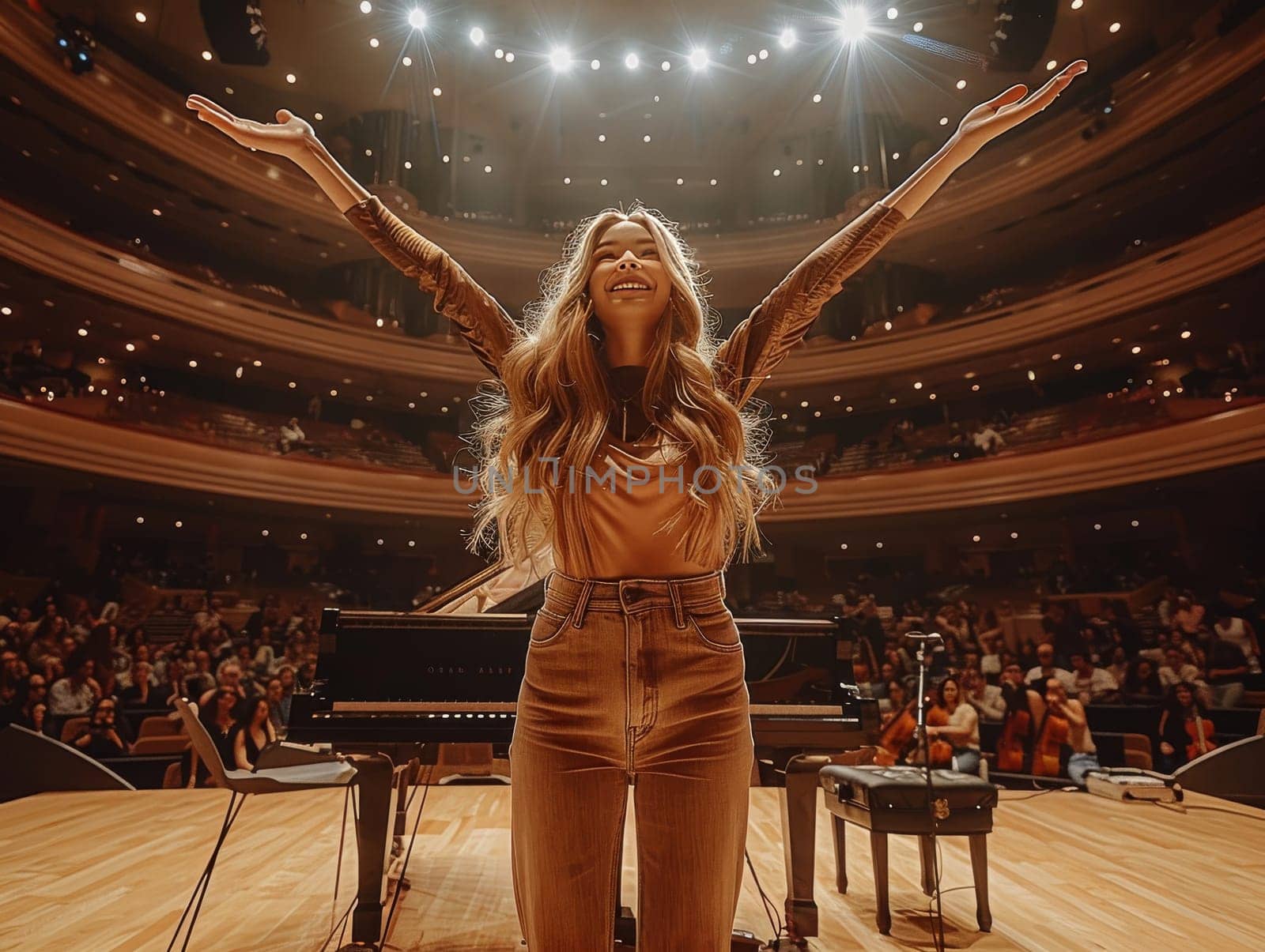 A woman stands gracefully in front of a grand piano on a polished wooden floor, exuding elegance and poise in a captivating performance setting.
