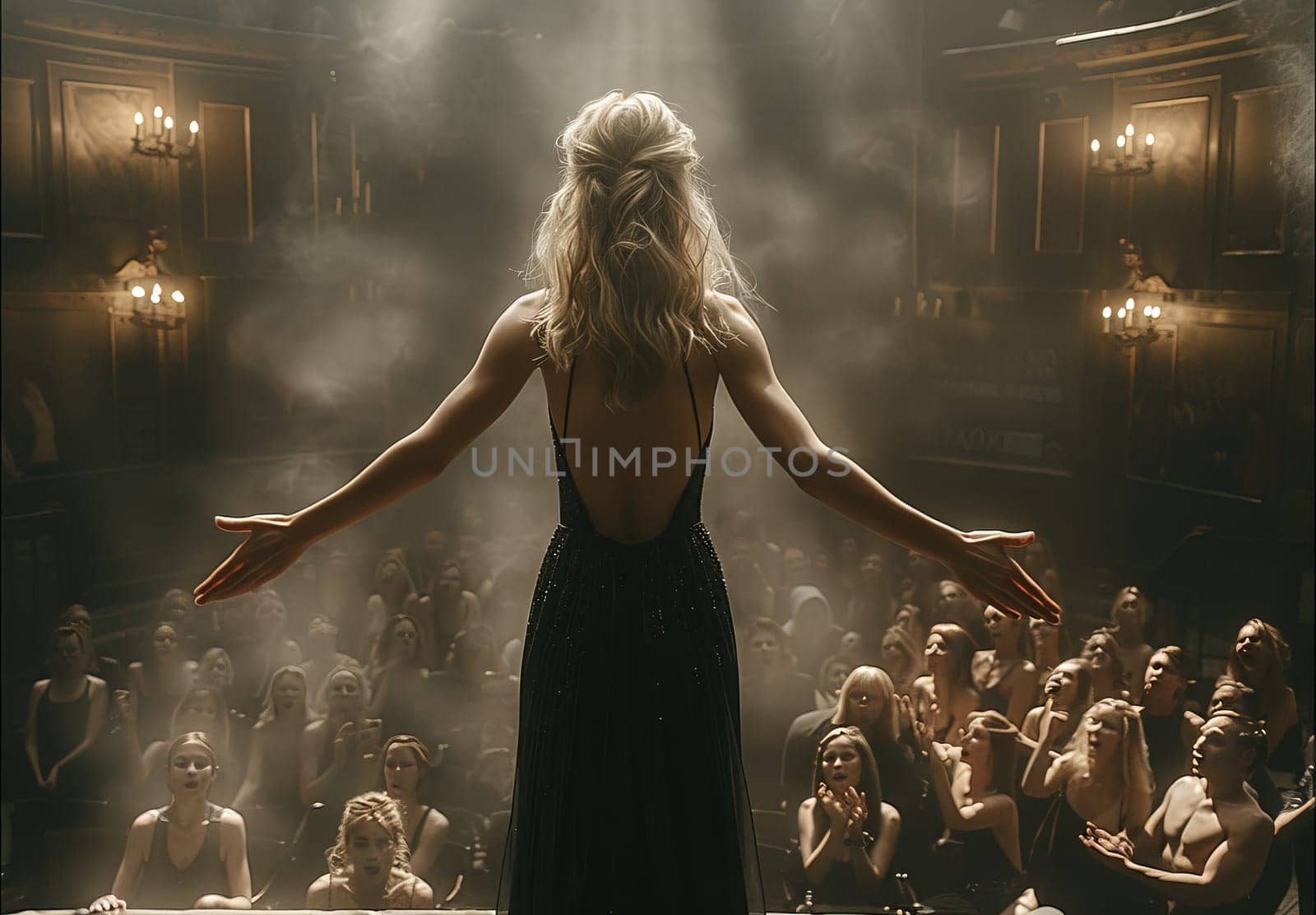 A stunning blonde woman stands confidently in front of a captivated crowd, her presence commanding attention as she prepares to perform on a grand stage.