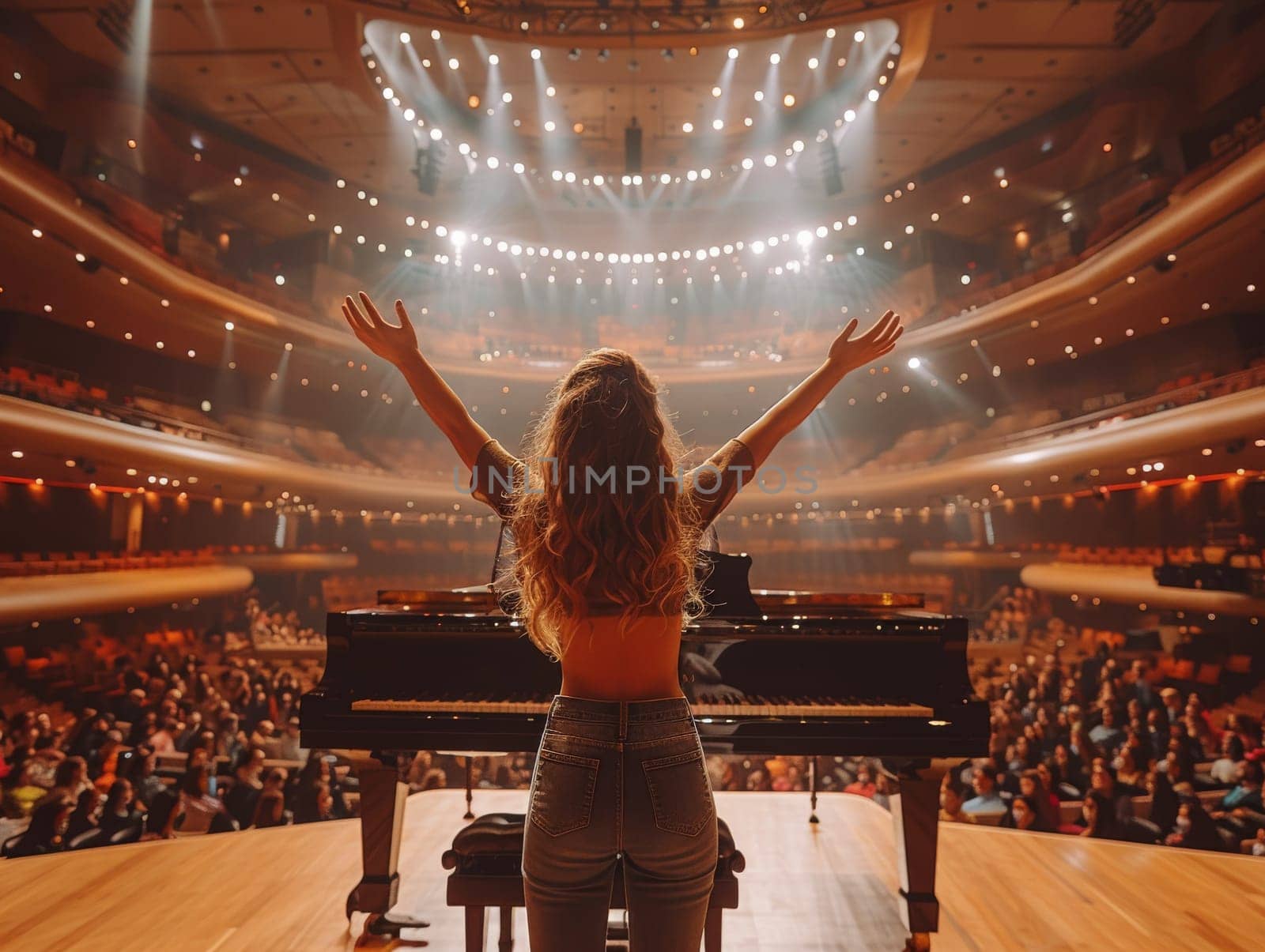 A talented woman stands on the stage of a grand concert hall, poised in front of a piano. The spotlight illuminates her as she prepares to captivate the audience with her musical prowess.