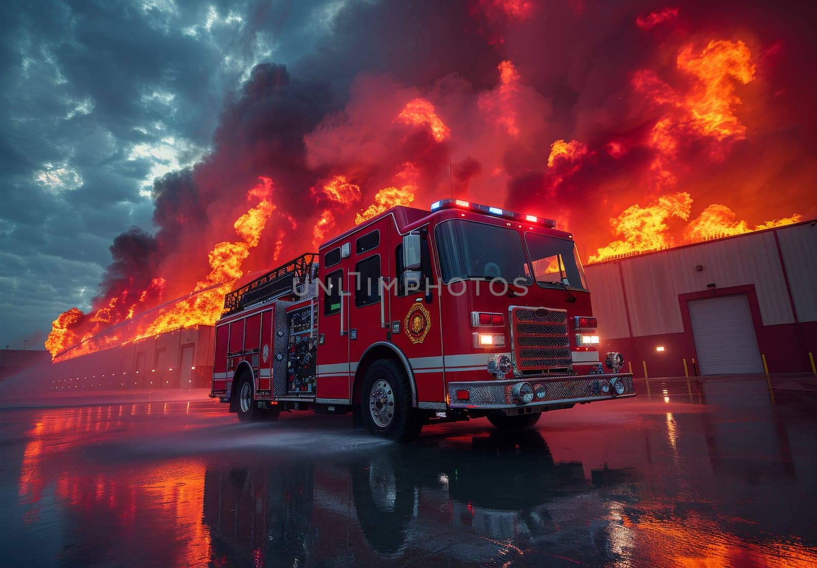 A fire engine sits in front of a large building engulfed in flames. The firefighters are working diligently to extinguish the blaze, their red truck a beacon of hope against the fiery backdrop. The night sky is filled with smoke and a reflection of the fire can be seen in the wet asphalt.