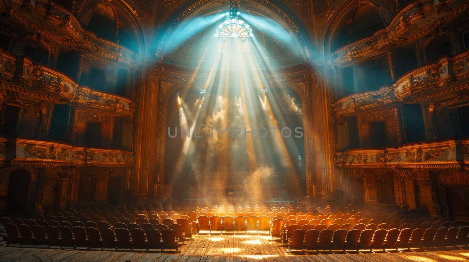 A mesmerizing scene unfolds on an old theater stage as a brilliant light cascades from above, casting a heavenly glow over the space, setting the atmosphere for a performance.