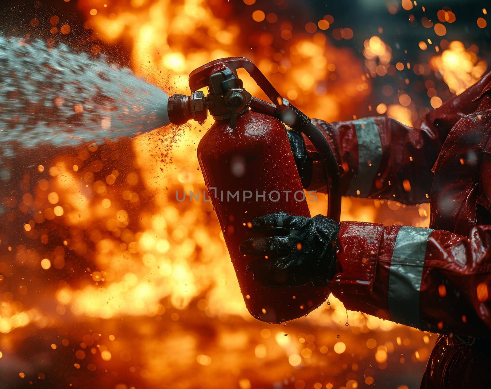 A firefighter in full gear uses a handheld fire extinguisher to combat a raging fire, the flames casting a fiery glow on their protective suit. Water from the extinguisher bursts out, creating a spray of droplets against the intense heat and sparking embers.