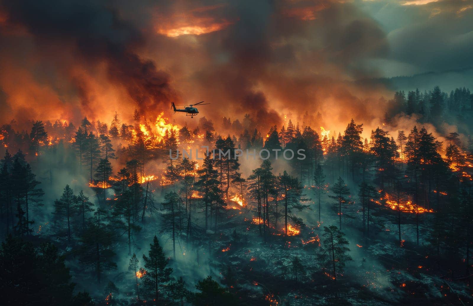 This aerial photograph captures the intense heat and smoke of a forest fire being fought by a helicopter. The helicopter, silhouetted against the blazing orange sky, is dropping water to extinguish the flames that engulf the dense forest. The image evokes a sense of urgency and the incredible danger faced by firefighters battling these destructive wildfires.