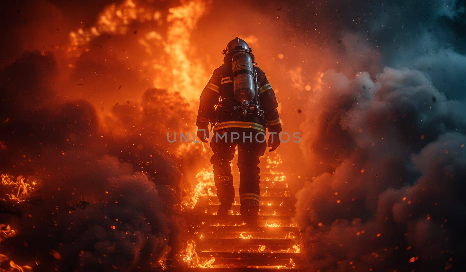 A firefighter in full gear climbs a stairway engulfed in flames. The fire rages behind him, casting an orange glow on the smoke and ash billowing around him. The firefighters silhouette is visible against the backdrop of the intense inferno, highlighting his unwavering determination to confront danger.