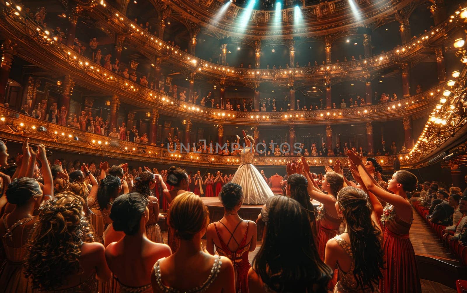 A graceful woman in a flowing white dress stands at the center of a grand stage, exuding poise and elegance as she captivates the audiences attention.