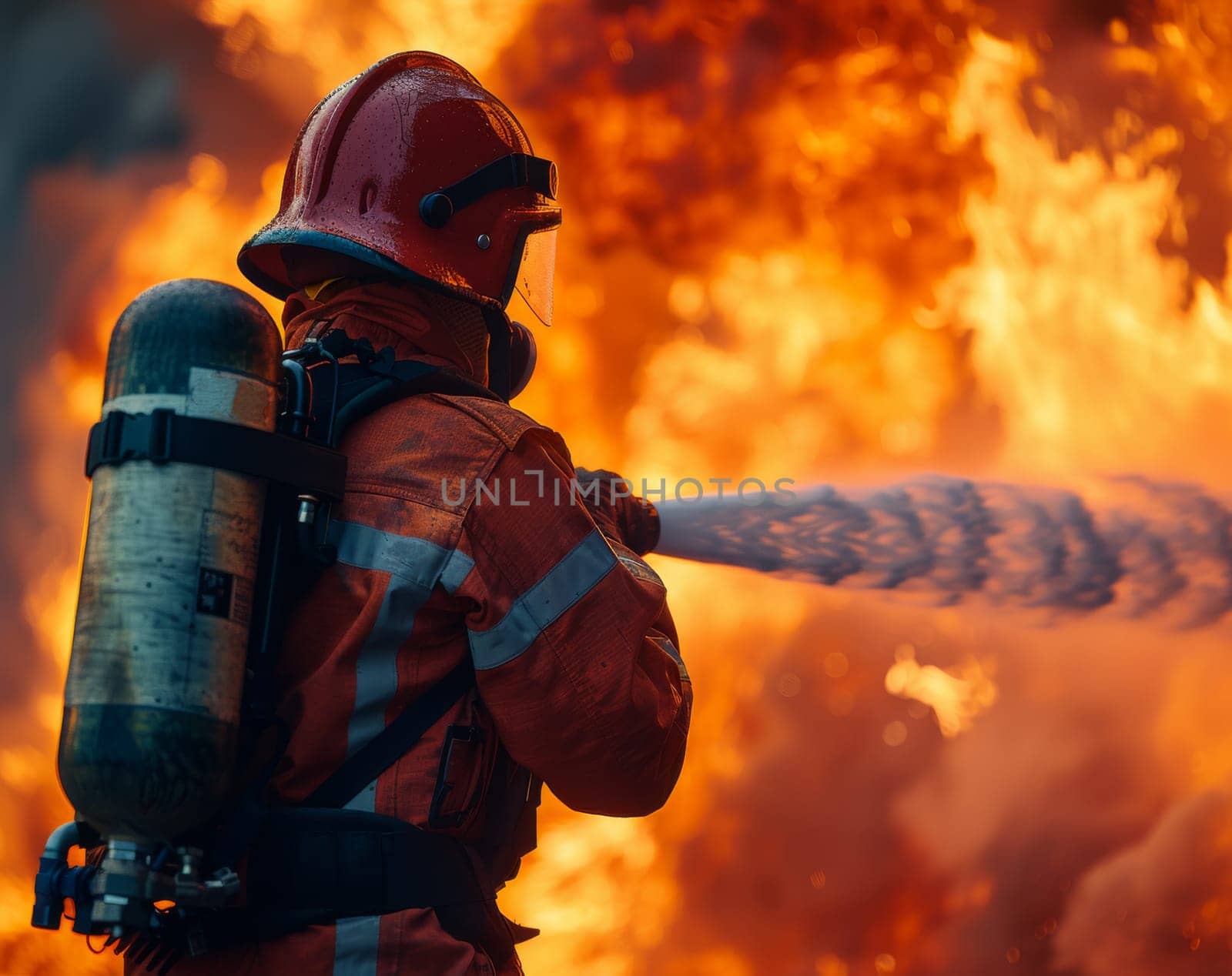 A firefighter, clad in full protective gear, faces a wall of flames as they operate a fire extinguisher to subdue a raging inferno. The scene captures the bravery and dedication of firefighters in the face of danger, demonstrating their critical role in saving lives and property during emergencies.