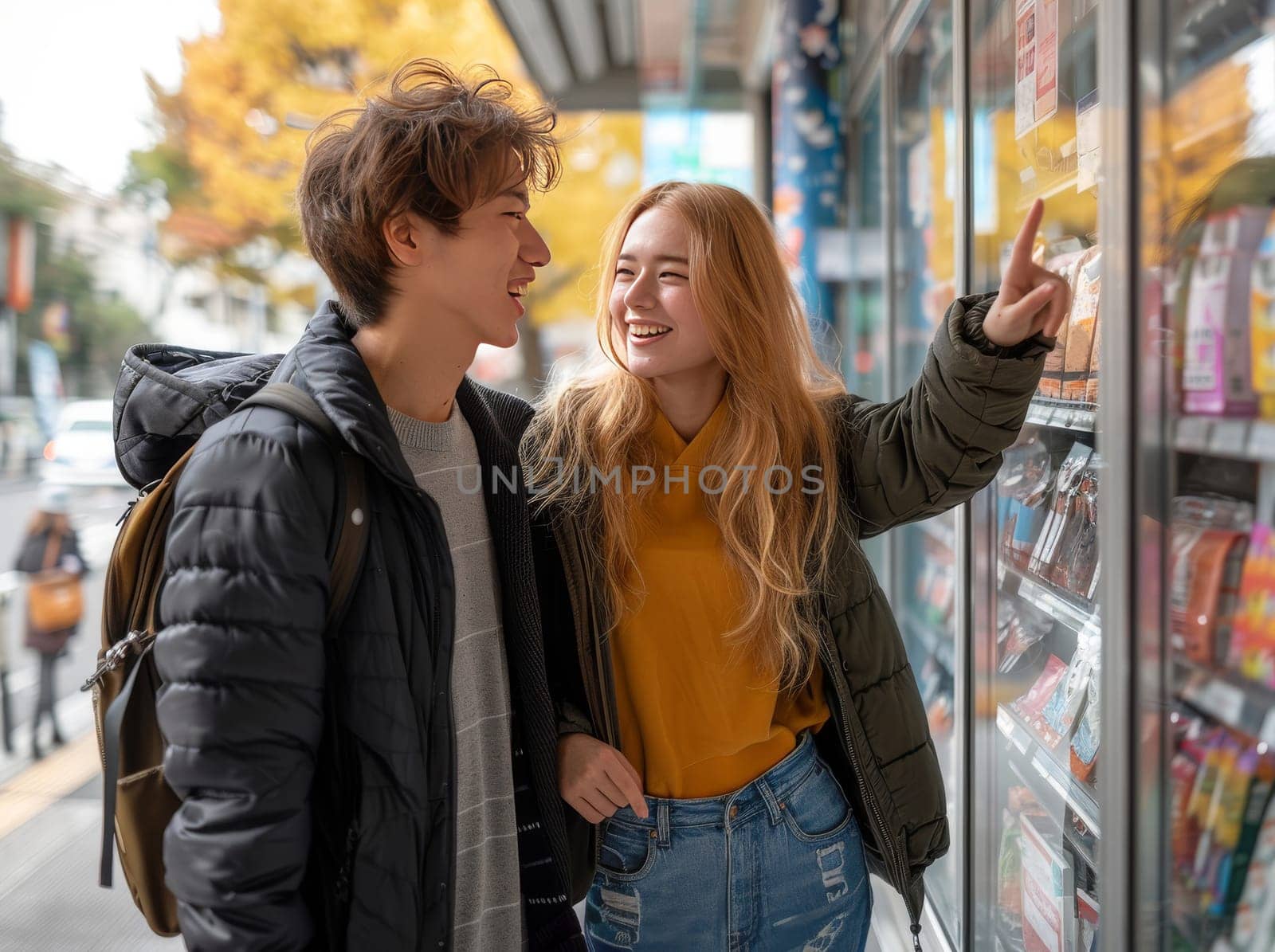 A stylish man and woman are casually chatting next to a brightly colored vending machine in a modern shop. The man holds a small bag while the woman looks at her phone.