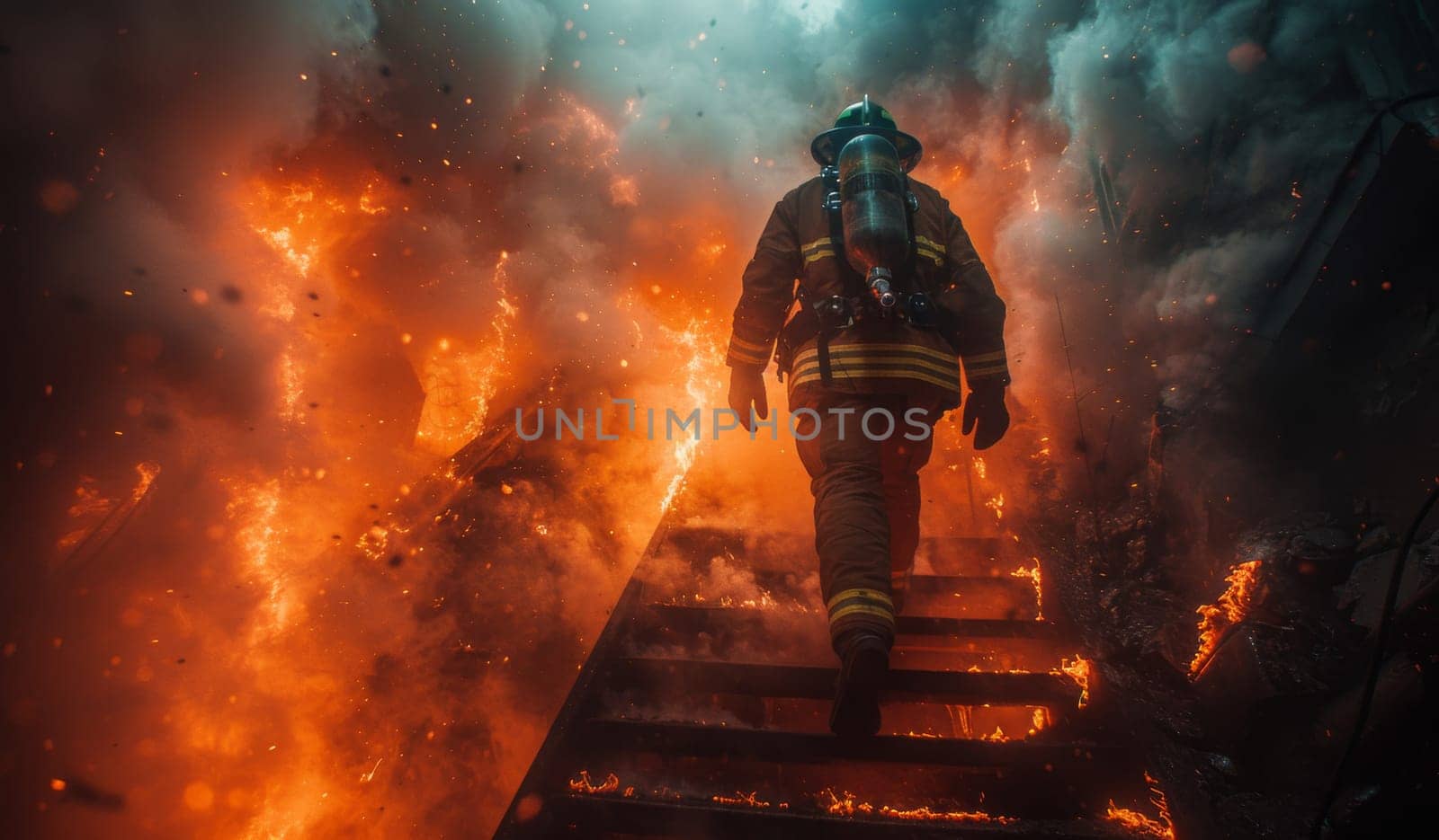 A firefighter in full gear, bravely ascending a stairway engulfed in flames. The scene is filled with smoke and fire, highlighting the extreme conditions that these heroes face on a daily basis. The firefighters silhouette against the backdrop of fire is a powerful symbol of resilience and determination.