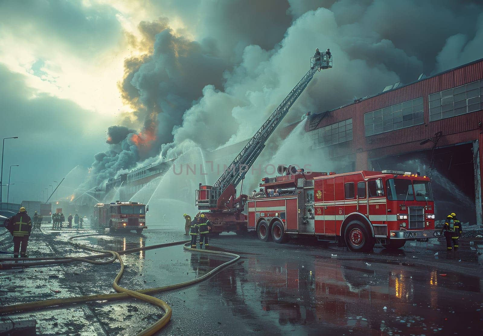 A large warehouse engulfed in flames is being fought by firefighters. A tall fire truck extends its ladder to reach the upper levels of the building, spraying water from its nozzle. Other firefighters are on the ground, using hoses to extinguish the blaze. Thick smoke billows into the air, creating a dramatic scene.