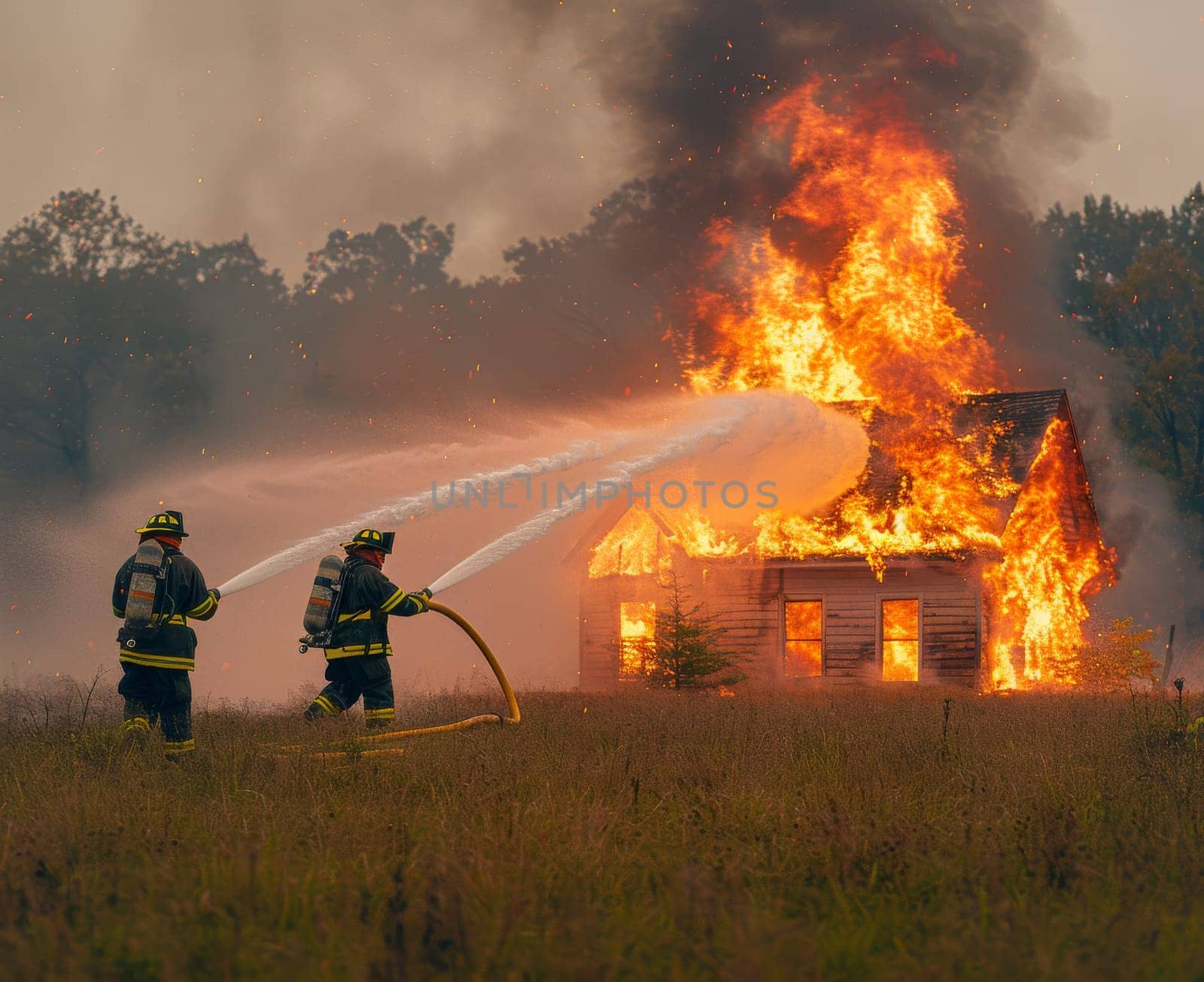 Two firefighters bravely battle a raging fire engulfing a wooden house in a rural setting. The flames are intense, and smoke billows high into the sky. The firefighters, clad in protective gear, are using hoses to direct powerful streams of water onto the inferno, attempting to contain the blaze.