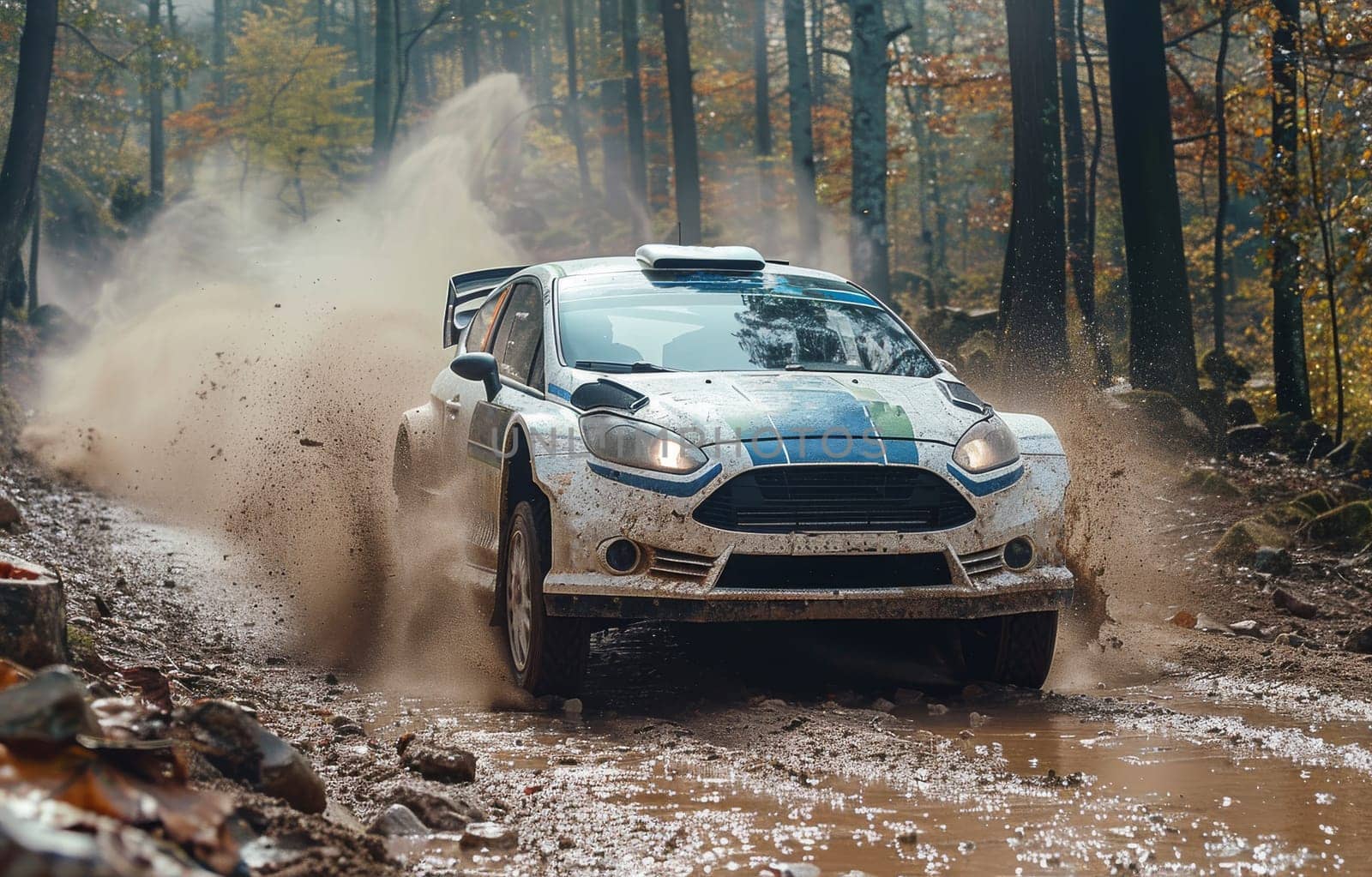 A white and blue Ford Fiesta rally car is seen speeding through a dense, muddy forest, kicking up dirt and leaves behind it as it drifts through the twists and turns of the narrow path.