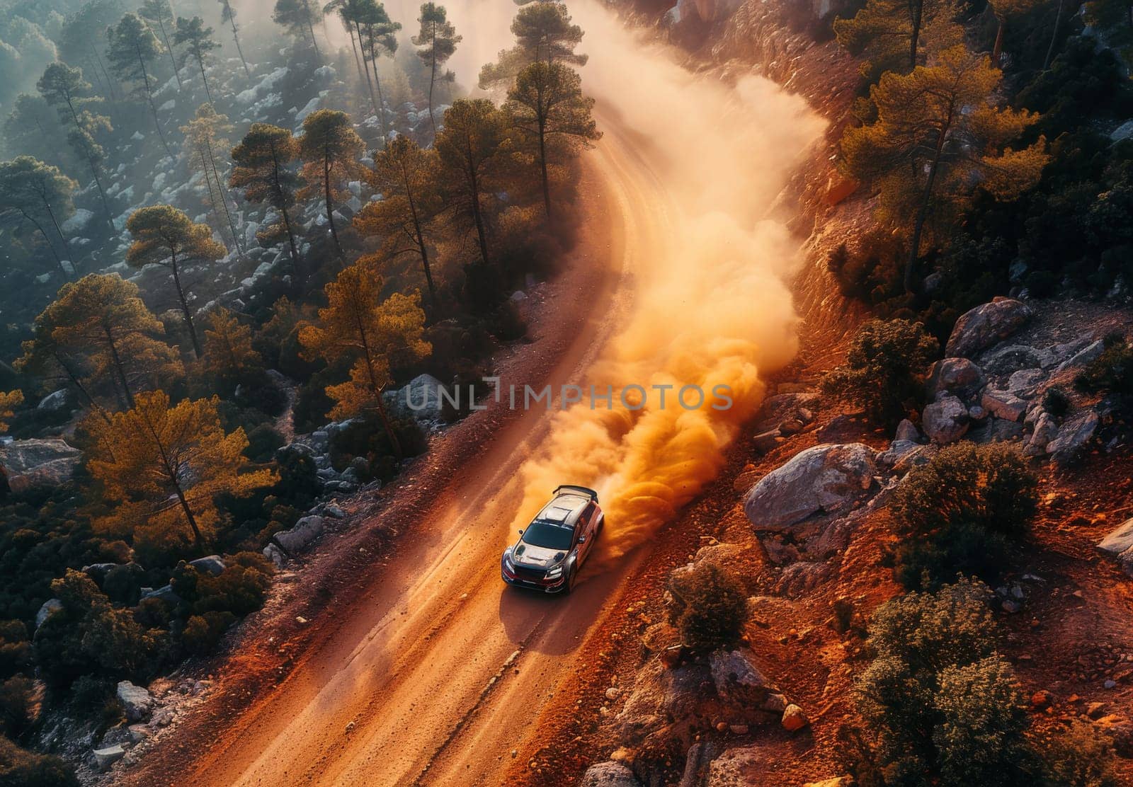 A rugged truck is driving down a dusty dirt road that runs parallel to a dense forest. The vehicle is surrounded by tall trees as it navigates the challenging terrain with determination.