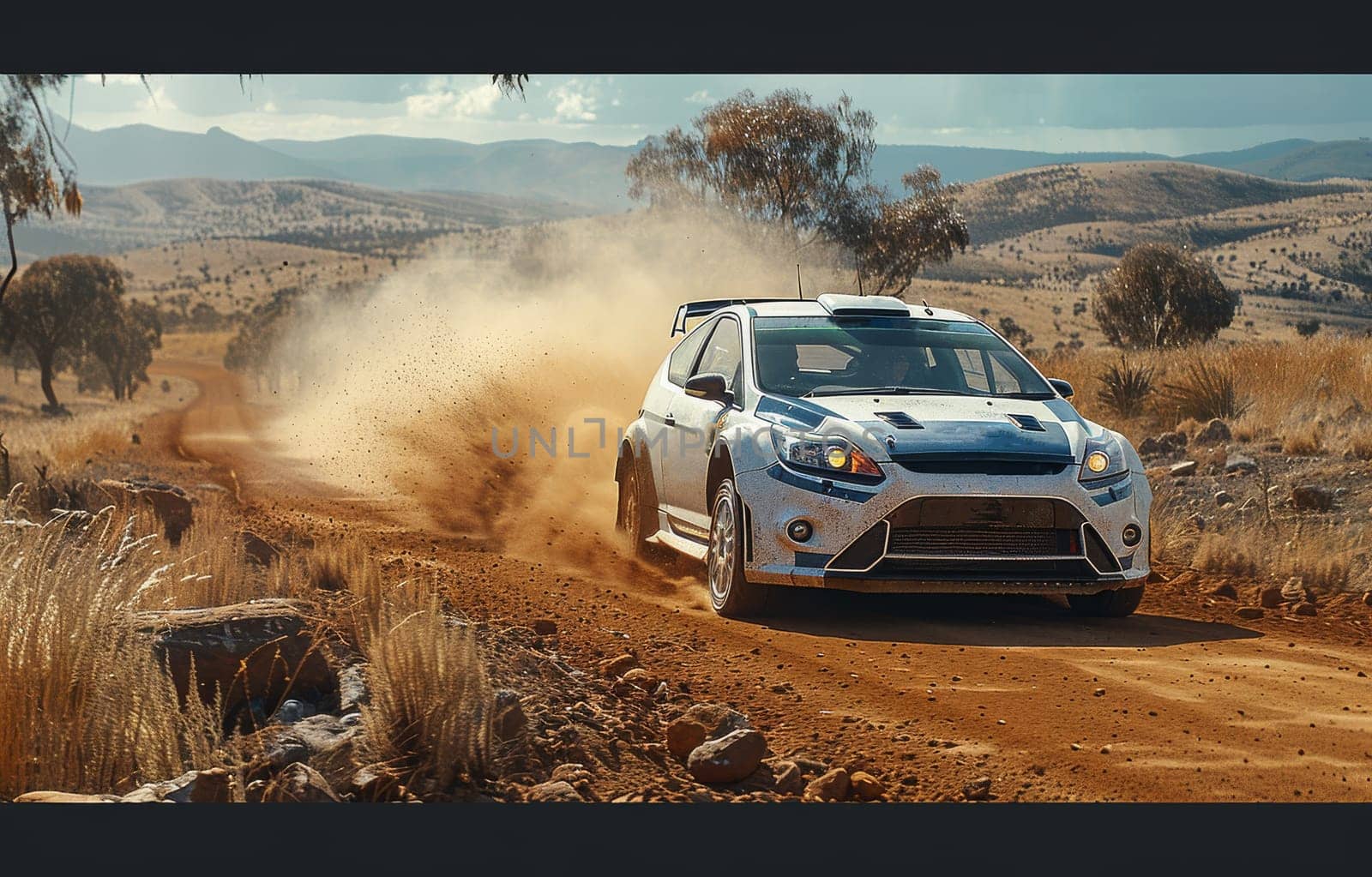 A sleek white Ford Focus ST rally car speeds down a dusty dirt road, kicking up clouds of dust behind it. The cars blue and grey livery stands out against the earthy backdrop as it races towards the finish line.