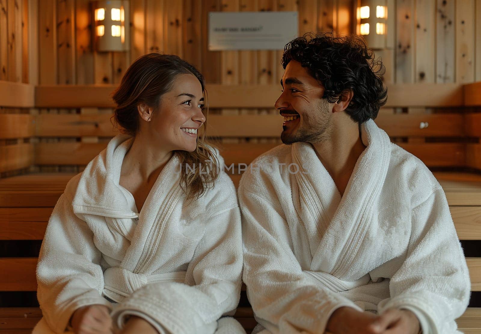 Two people, dressed in white robes, relax and share a smile in a wooden sauna. The warm lighting and the wooden interior create a sense of peace and relaxation.