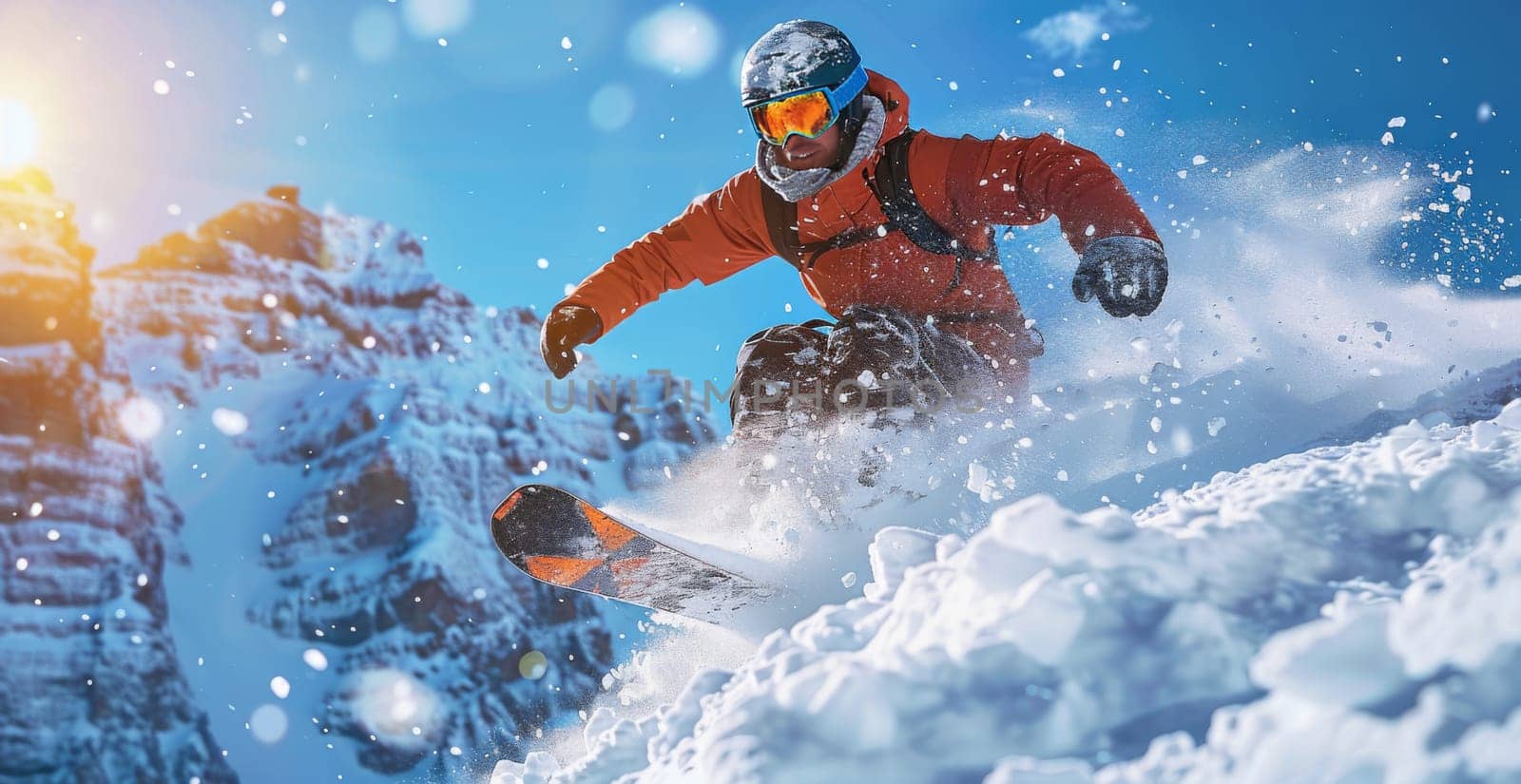 A snowboarder in an orange jacket and helmet flies through the air, kicking up a spray of powder as he navigates a snowy mountain slope. The sun shines brightly, casting a warm glow on the scene and reflecting off the fresh snow.