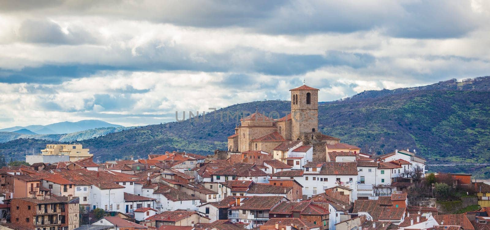 Hervas hamlet seen from north side, Ambroz Valley village. Caceres, Extremadura, Spain