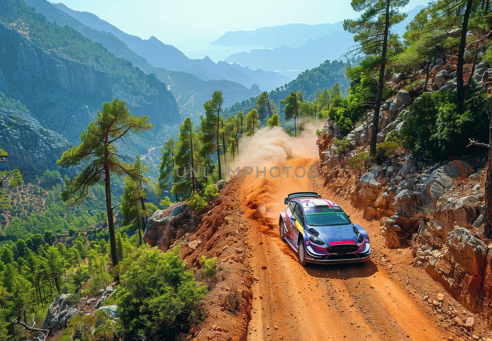 In the depths of the mountains, a Ford Fiesta rally car races down a dusty, rugged dirt road. The car maneuvers with precision, kicking up clouds of dust as it speeds through the challenging terrain.