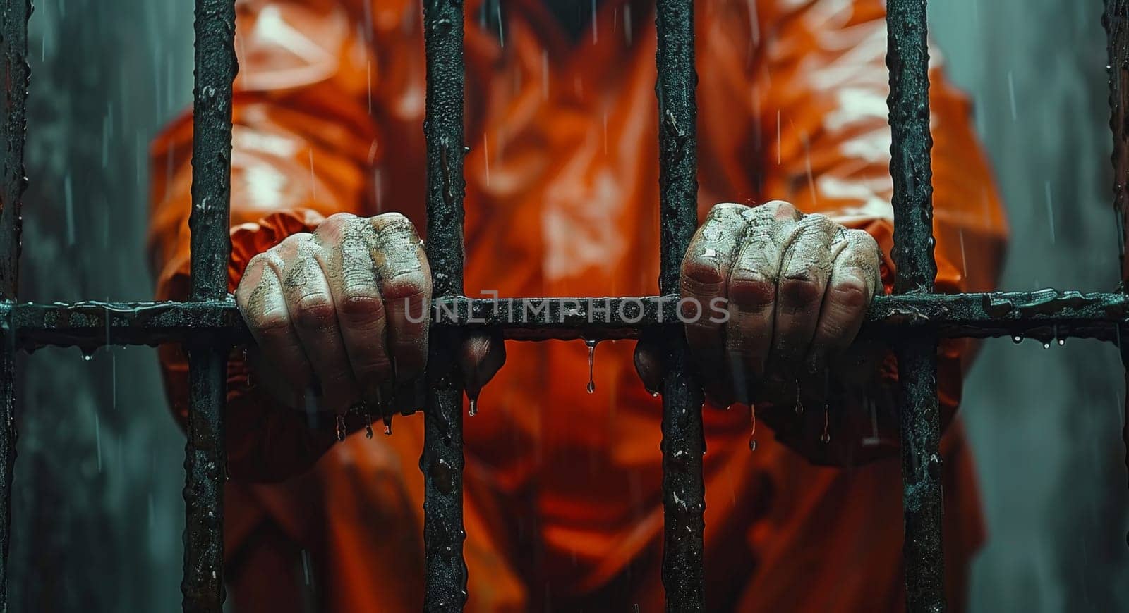 A close-up image of a prisoners hands gripping the bars of a cell. The prisoner is wearing an orange jumpsuit, and rain is falling outside the cell, creating a sense of confinement and isolation. The hands are dirty and the bars are rusty, emphasizing the harshness of the prison environment.