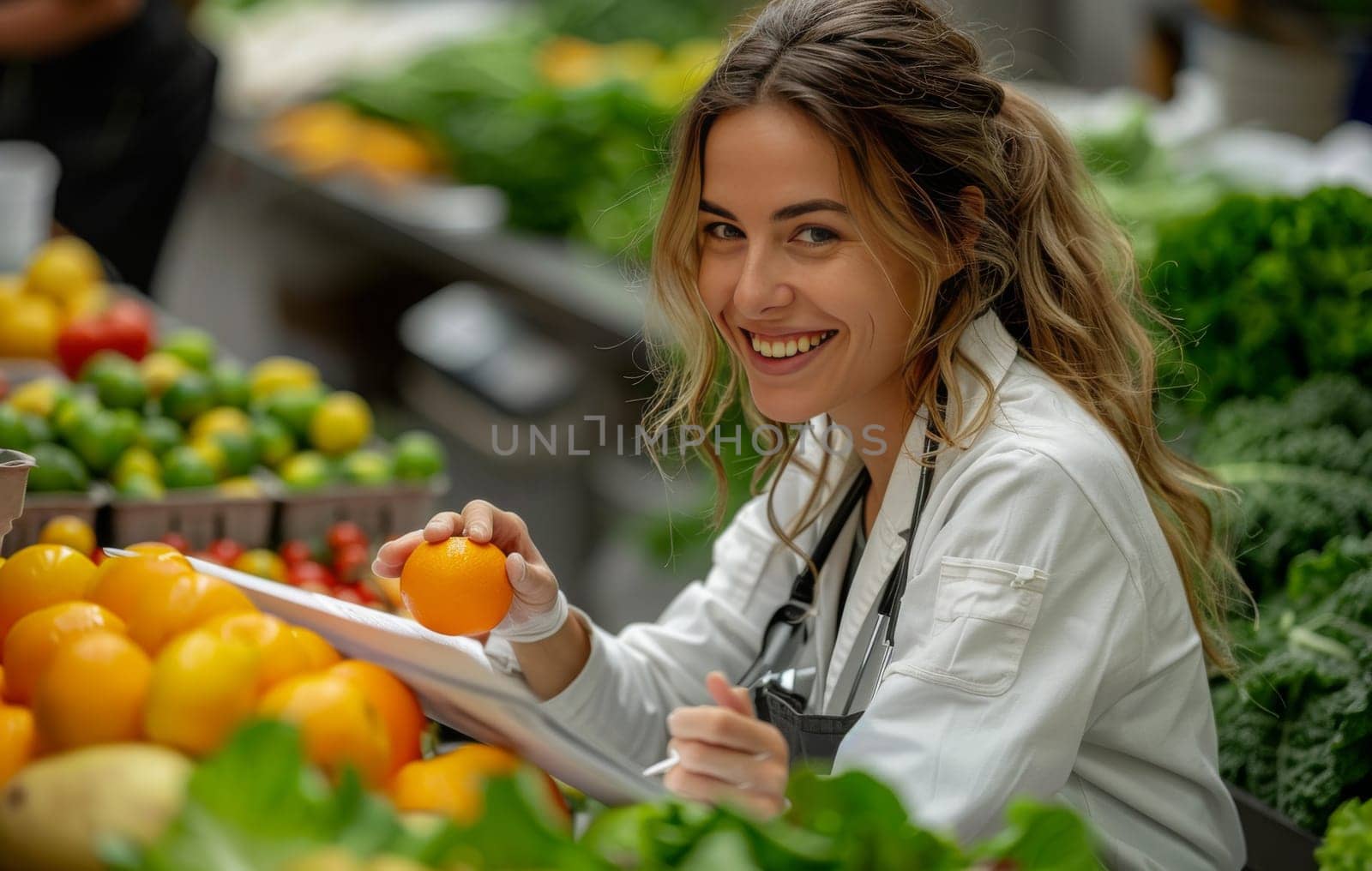 A smiling dietician in a white coat examines a fresh orange at a bustling produce market. She is surrounded by colorful fruits and vegetables, showcasing the abundance of healthy options available. Her happy expression suggests a passion for healthy eating and a commitment to helping others make informed dietary choices.