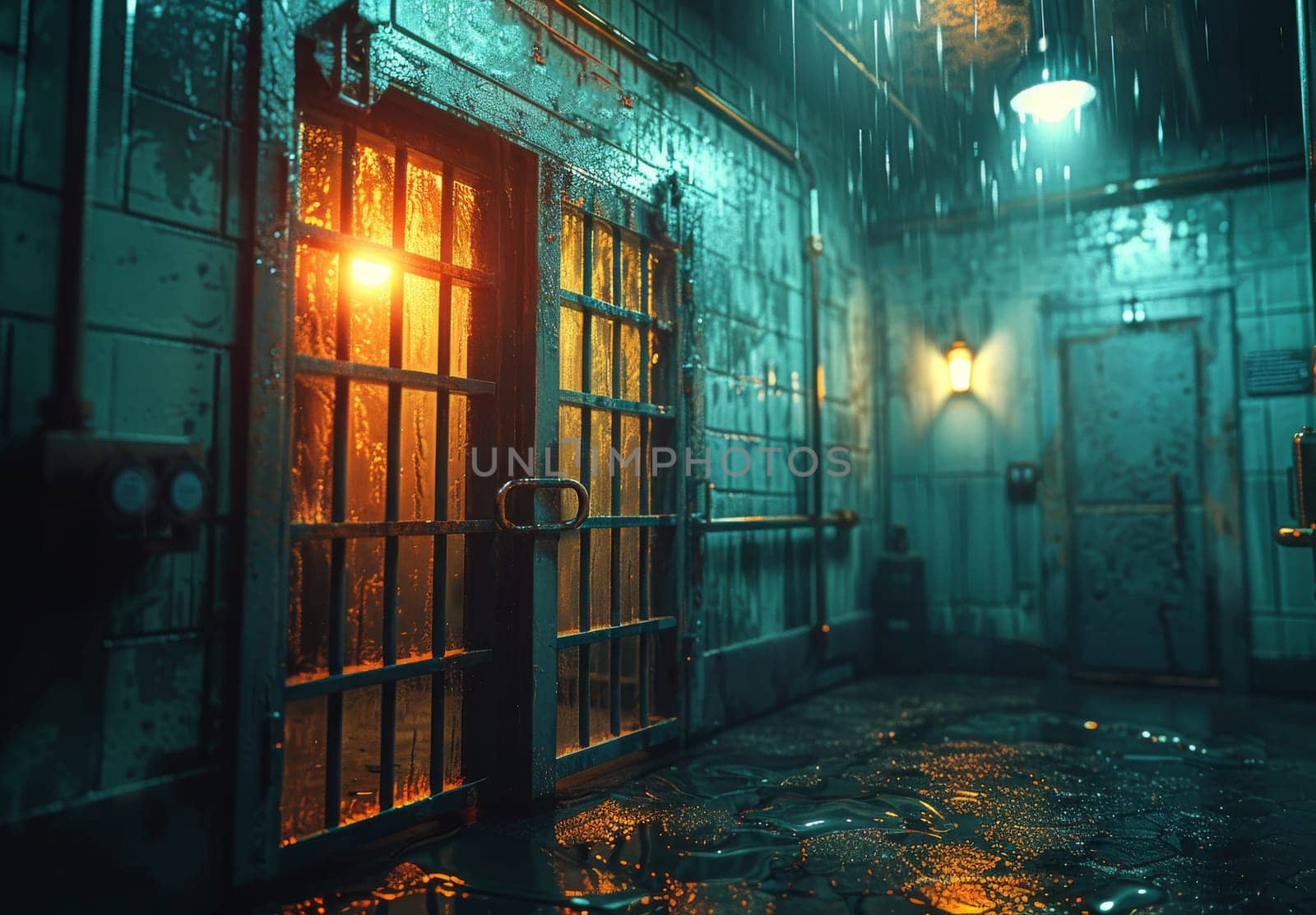 A dimly lit prison corridor with a wet, glistening floor and a barred door leading to a cell. Raindrops fall from the ceiling, creating an eerie and somber atmosphere. The hallway is lined with brick walls and faded paint, emphasizing the harshness of the prison environment.