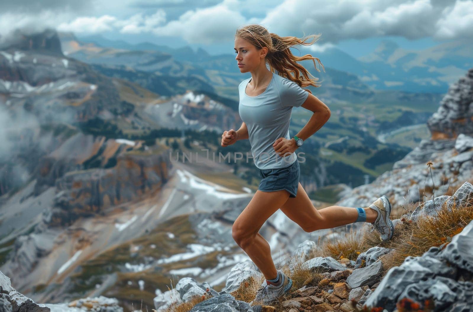 A woman in athletic attire runs with purpose along a rocky mountain trail, her determined gaze fixed on the horizon. The scenic backdrop of towering peaks and cloudy skies paints a picturesque landscape, capturing the essence of a challenging yet rewarding outdoor adventure.