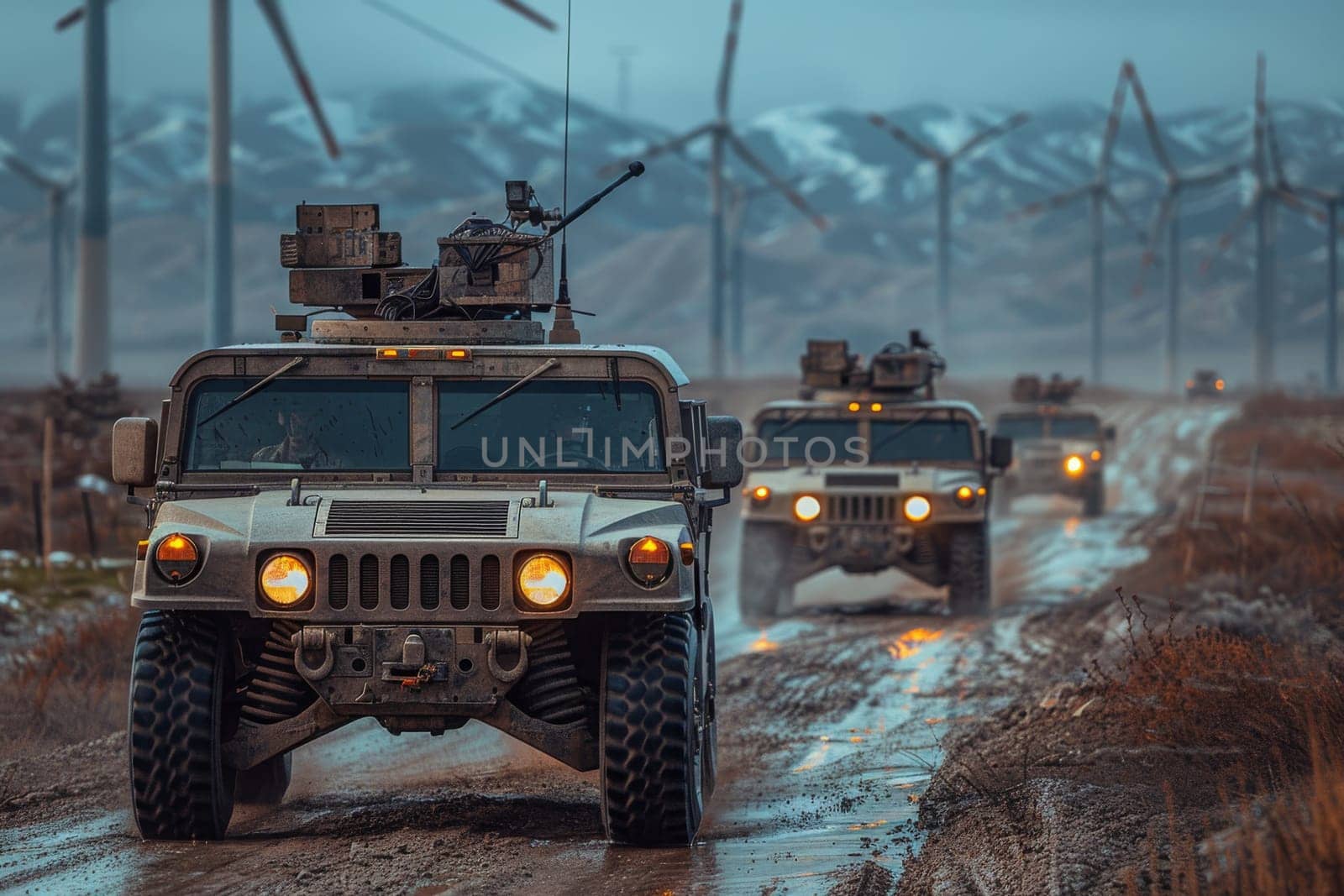 A convoy of American military Humvees drive along a muddy road, passing through a wind farm on a cloudy day. The vehicles are equipped with weapons and other tactical gear, suggesting they are on a mission or training exercise.