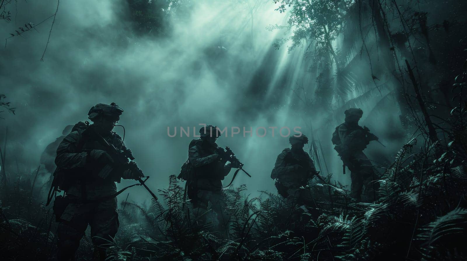 The image captures a group of soldiers in silhouette, standing guard on a jungle path shrouded in mist. The dense foliage and dappled sunlight create an atmosphere of mystery and tension. The soldiers weapons are visible, suggesting their vigilant stance.