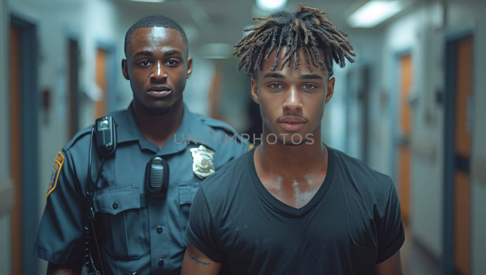 The image shows two men in a prison hallway. The man in the foreground, with dreadlocks, stares intensely at the camera, while the officer behind him, wearing a police uniform, looks straight ahead. The atmosphere is tense, with the dimly lit hallway creating a sense of isolation and uncertainty.