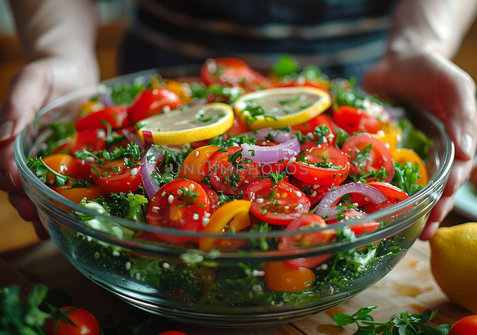 A close-up image of a chefs hands carefully holding a large bowl filled with a vibrant, healthy salad. The salad is a medley of fresh greens, tomatoes, red onions, and lemon slices, all arranged in a visually appealing manner. The bowl is transparent, allowing viewers to see the texture and colors of the salad ingredients. The image highlights the deliciousness and freshness of the salad, making it an enticing visual representation of a healthy meal.