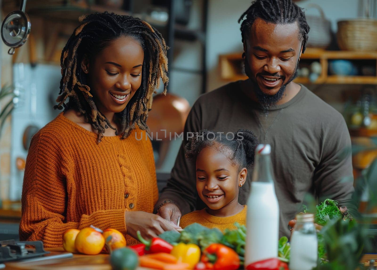 This image shows a Black family of three preparing a healthy meal together in their kitchen. The mother is chopping vegetables, the father is standing behind their daughter, and the daughter is smiling and watching her parents work. The kitchen is filled with fresh produce and healthy ingredients, suggesting that the family is committed to eating well. The warm lighting and cozy atmosphere create a sense of family togetherness and joy.