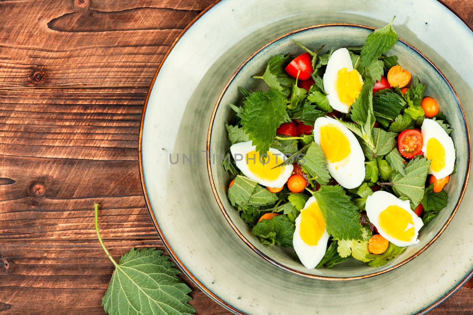 Bowl with salad of nettle leaves, eggs and tomatoes. Nettle dishes.
