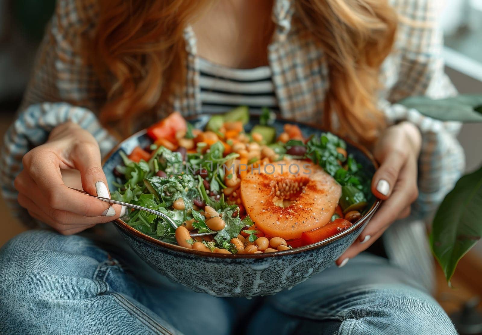 A woman sits on the floor, her hands delicately holding a bowl filled with a colorful, healthy salad. The salad features fresh greens, beans, a slice of melon, and other vegetables, creating a vibrant and appetizing scene. The natural light and the womans focused expression suggest a moment of quiet enjoyment and nourishment.