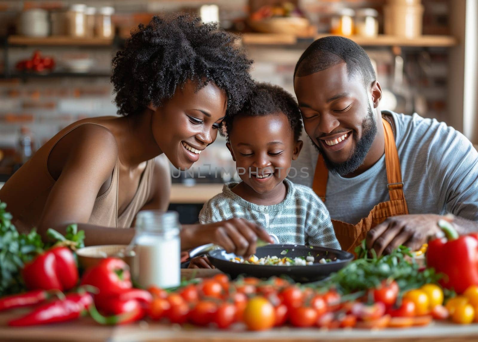 A Black family of three is gathered in a bright and airy kitchen, preparing a healthy meal. The mother smiles lovingly as her young son stirs a pan of colorful vegetables, while the father watches with pride and encouragement. Their kitchen table is overflowing with fresh produce, signifying a healthy and wholesome approach to cooking and family life.