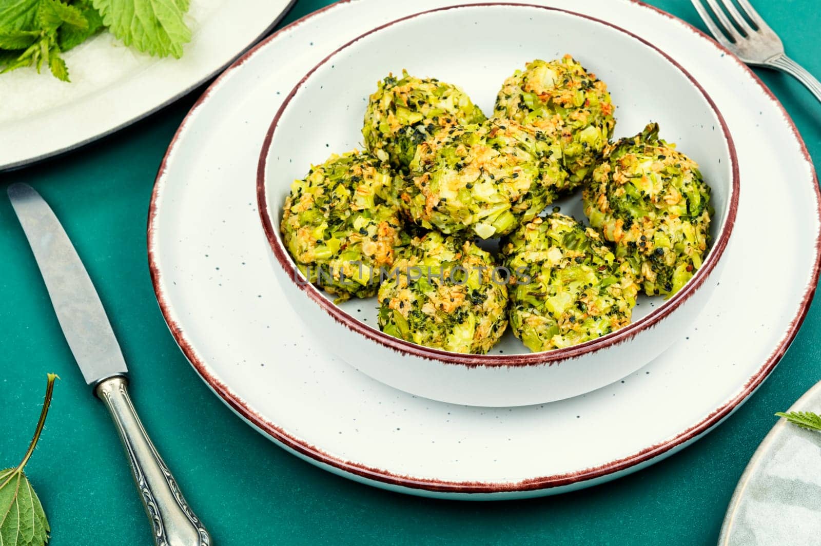 Vegetarian cutlets of stinging nettles leaves and broccoli. Nettle dishes.