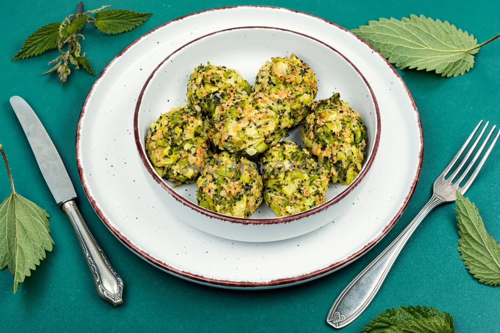Vegetarian cutlets of stinging nettles leaves and broccoli. Nettle dishes.