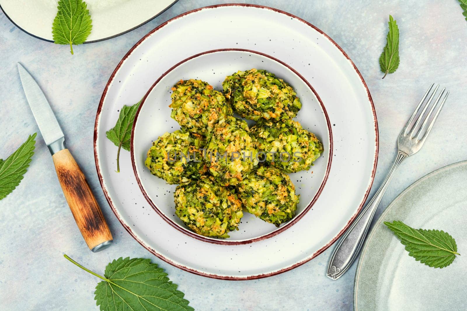 Vegetarian cutlets of stinging nettles leaves and broccoli. Nettle dishes.