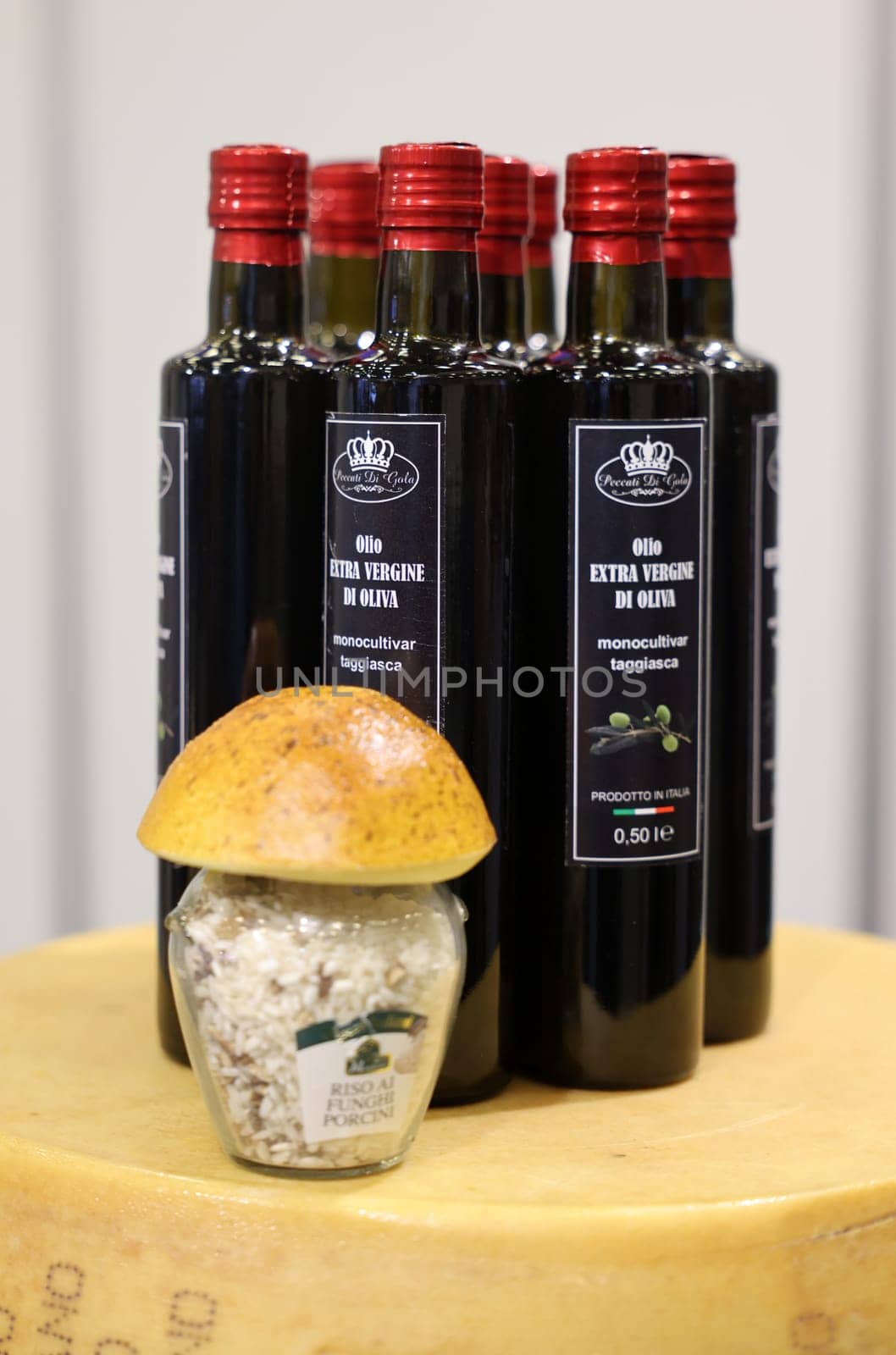 Cracow, Poland - November 3, 2021: Presentation of typical and world-famous Italian food products Extra virgin olive oil and salt at Enoexpo and Gastrofood - Trade Fair for Food and Drinks for Catering