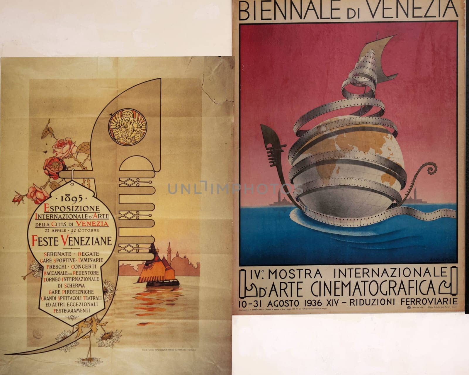 Venice, Italy - May 7, 2024:  60th Venice Art Biennale in Venice. Old posters advertising the Venice Biennale presented in the central pavilion in Giardini