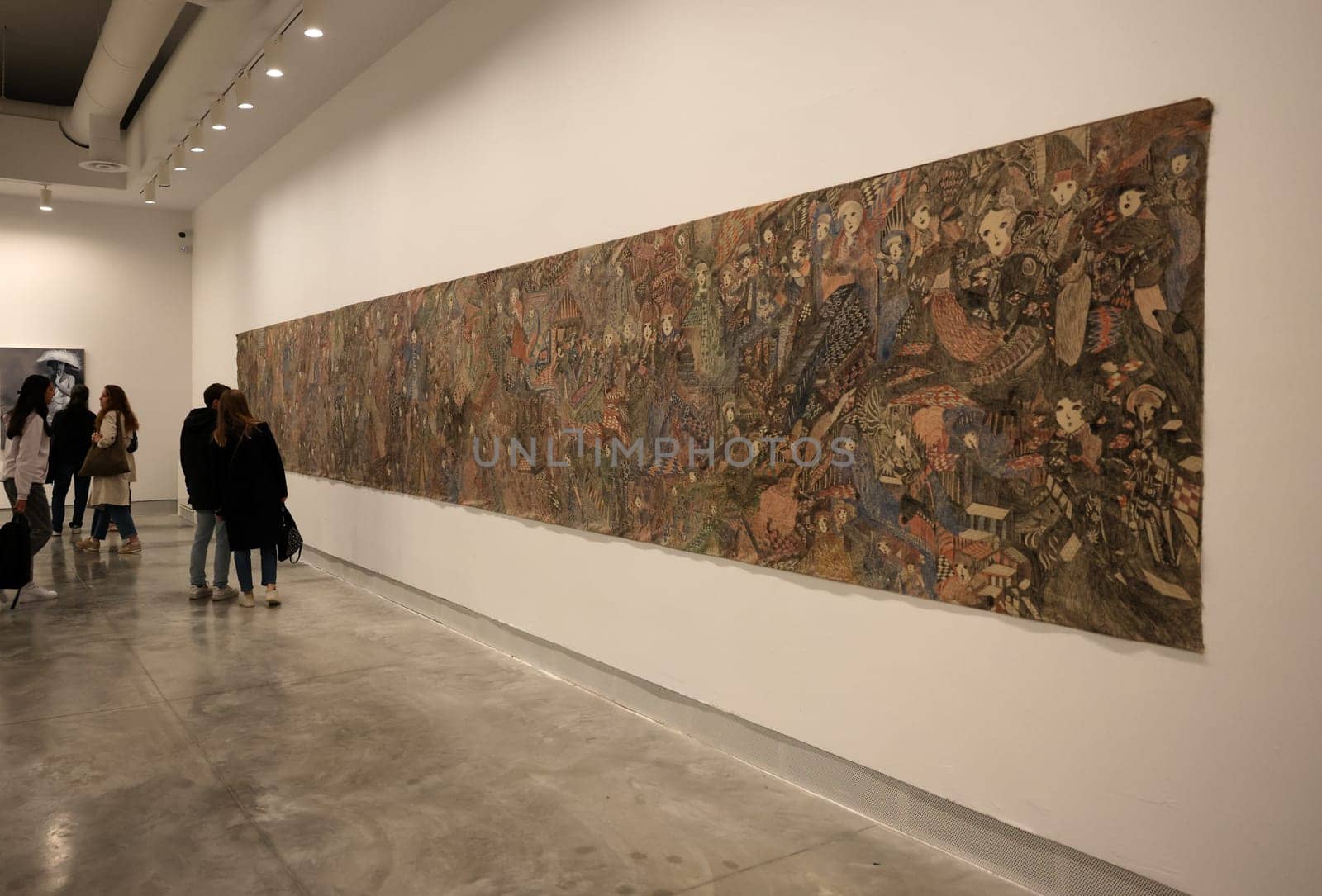 Venice, Italy - May 7 2024: Foreigners Everywhere 60th Venice Art Biennale in Venice. Crucifixion of fhe Soul by Magde Gill. Coloured inks on calico.