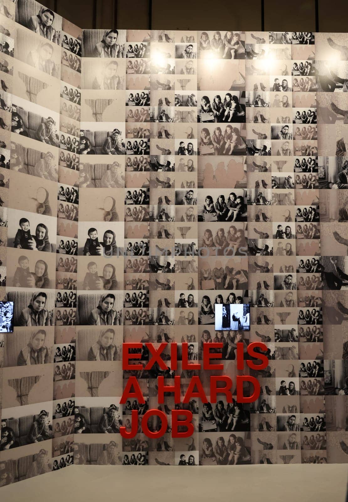 Venice, Italy - May 7 2024: Foreigners Everywhere 60th Venice Art Biennale in Venice. Video installation - Exile is hard job by Nil Yalter