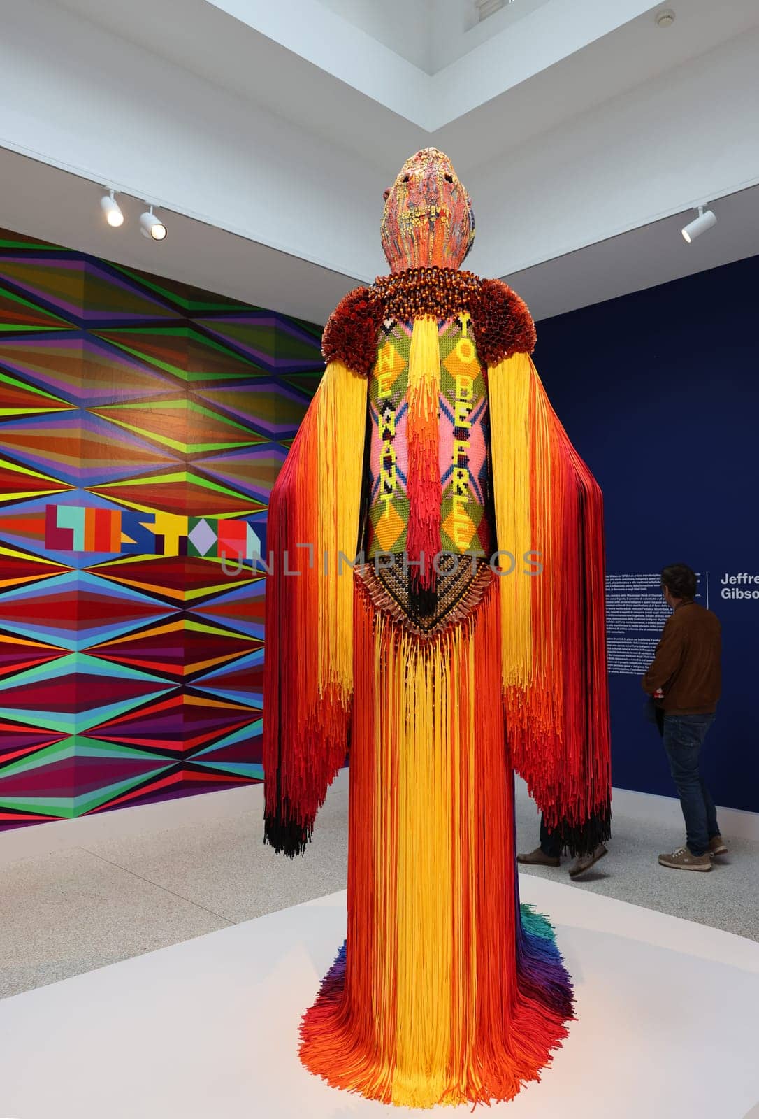 Venice, Italy - May 7 2024: Foreigners Everywhere 60th Venice Art Biennale in Venice. The space in wchich to place me by Jeffrey Gibson at USA Pavillon.