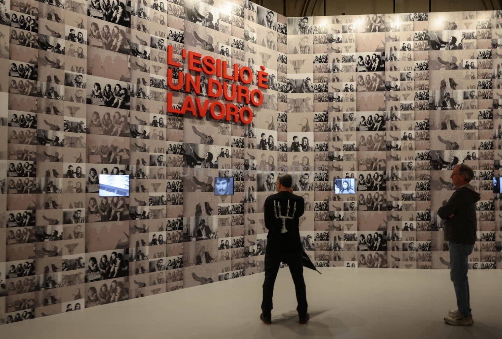 Venice, Italy - May 7 2024: Foreigners Everywhere 60th Venice Art Biennale in Venice. Video installation - Exile is hard job by Nil Yalter