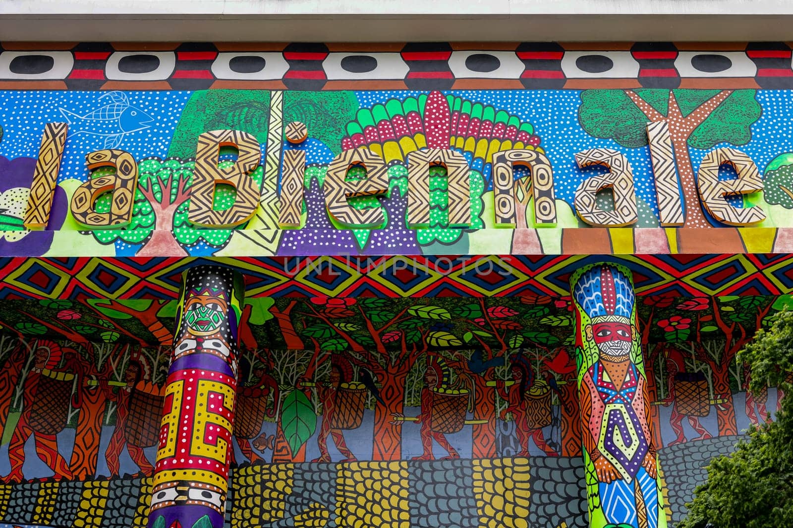 Venice  Italy - May 7 2024: The colorful facade of the Biennale Central Pavilion located in Giardini in Venice. Italy