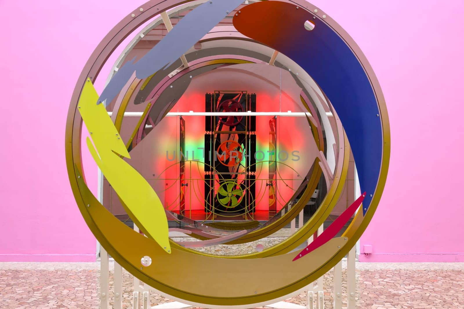 Venice, Italy - May 7 2024: Foreigners Everywhere 60th Venice Art Biennale in Venice. Techno Zen designed by Márton Nemes at Hungarian Pavillon. Multisensory installation with audio, visual and interactive components