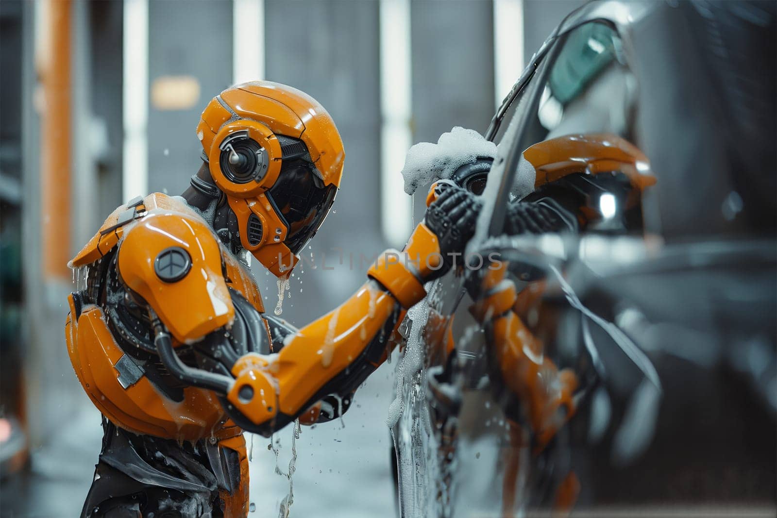 Humanoid robot at manual car wash station cleaning car with active foam.