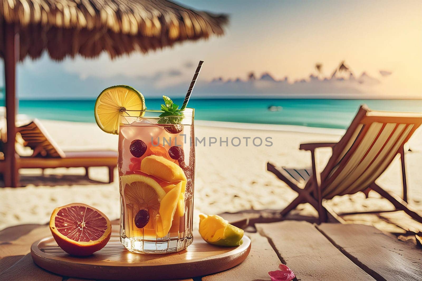 Beach table with a glass of beverage - with lemon and berries, against a seascape and sunlight