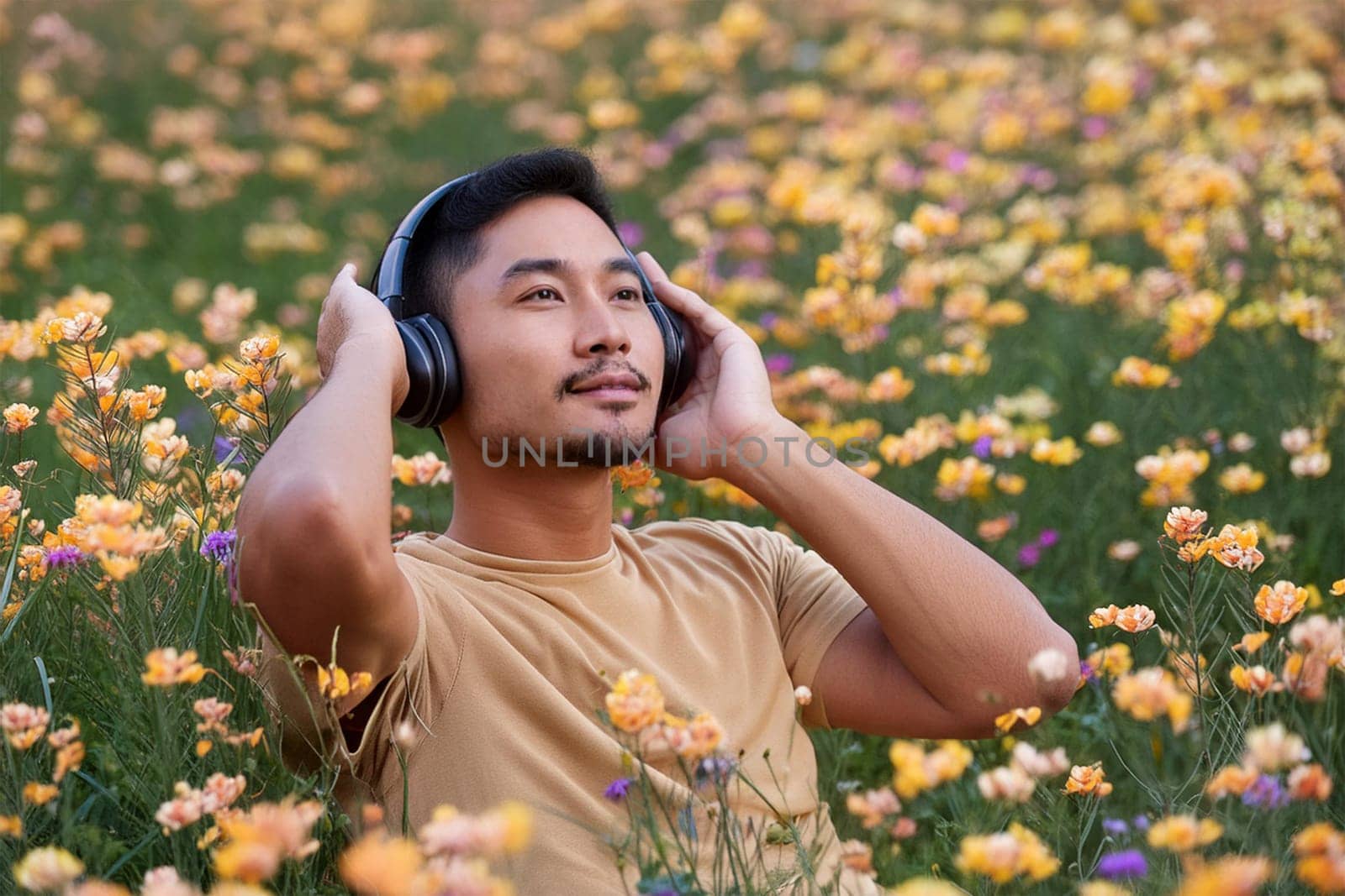Asian man enjoying music in headphones sitting among wildflowers in meadow.